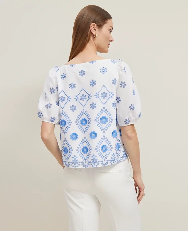 Ann Taylor Geo Embroidered Boatneck Popover Top Blue Women's