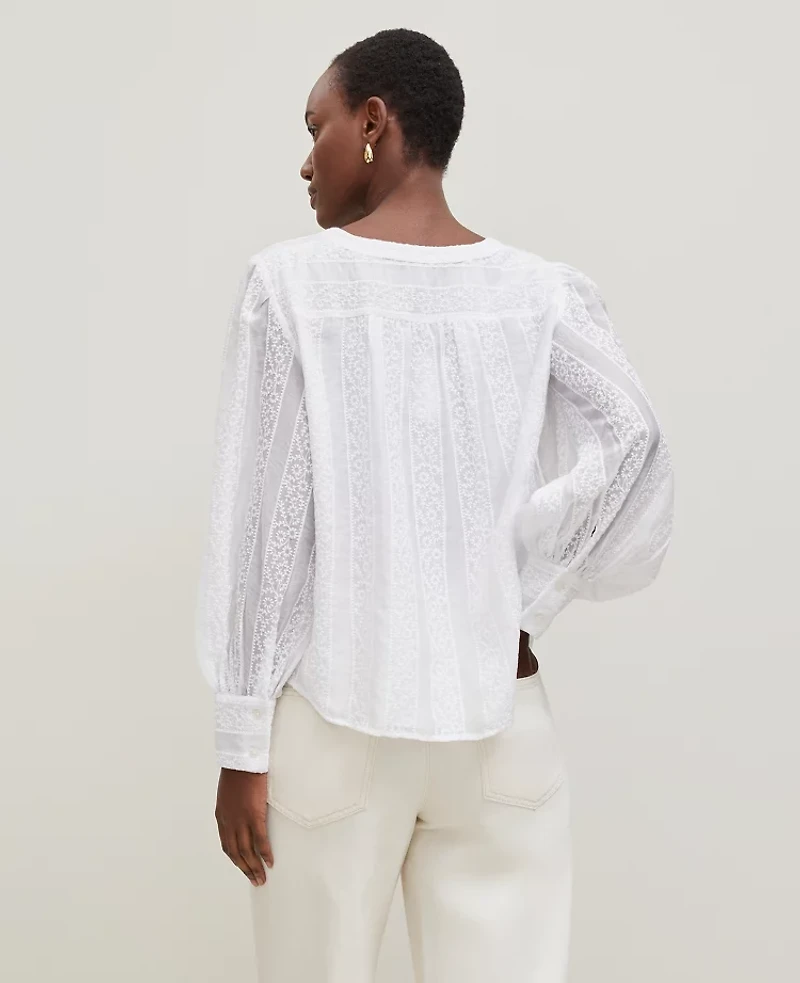 Ann Taylor Petite Embroidered V-Neck Popover Top Size Large White Women's