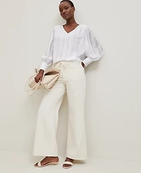 Ann Taylor Petite Embroidered V-Neck Popover Top Size Large White Women's