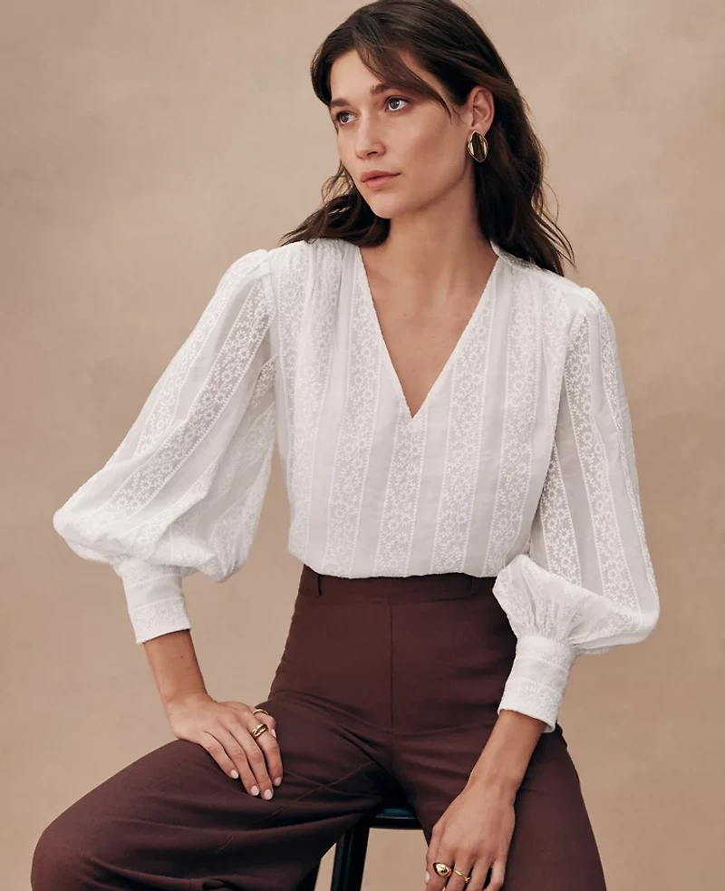 Ann Taylor Petite Embroidered V-Neck Popover Top Size Large White Women's