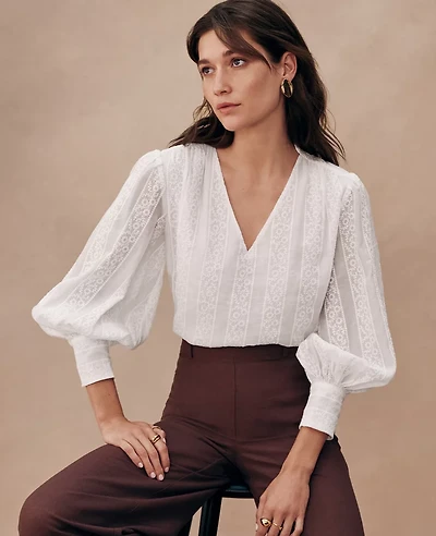 Ann Taylor Petite Embroidered V-Neck Popover Top Size Large White Women's