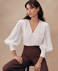 Ann Taylor Petite Embroidered V-Neck Popover Top Size Large White Women's