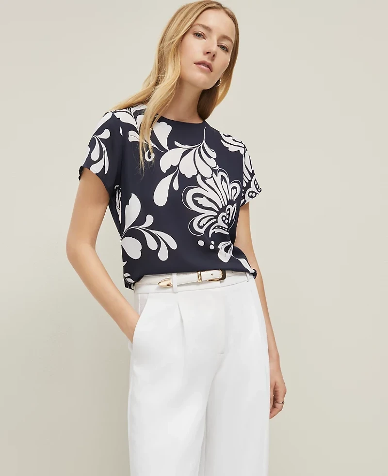 Ann Taylor Petite Floral Mixed Media T-Shirt Size Small Night Sky Women's