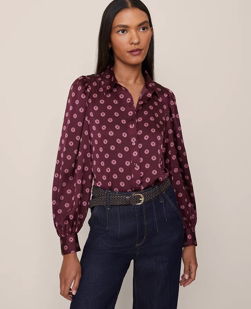 Ann Taylor Geo Blouson Sleeve Shirt Size Medium Poised Plum Women's
