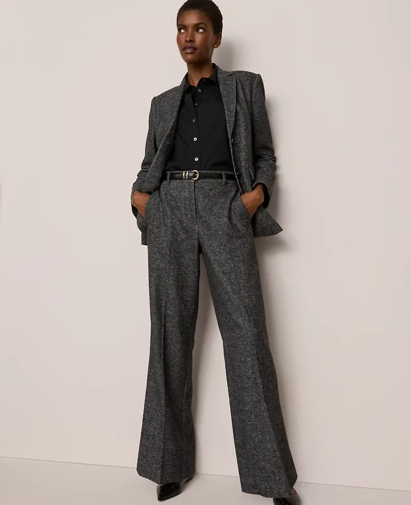 Ann Taylor The Wide Leg Pant Herringbone Grey/White Combo Women's
