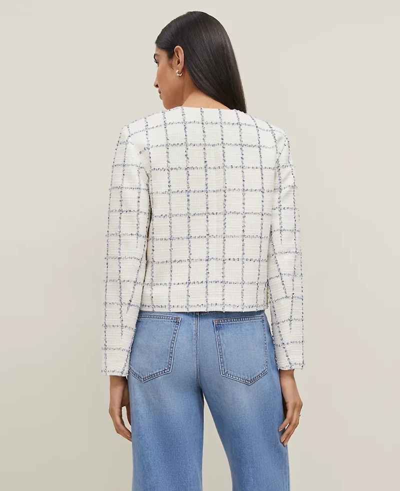 Ann Taylor Petite Tweed Crew Neck Jacket Size 4 Blue Glint Neutral Women's