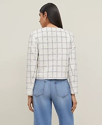 Ann Taylor Petite Tweed Crew Neck Jacket Size 4 Blue Glint Neutral Women's