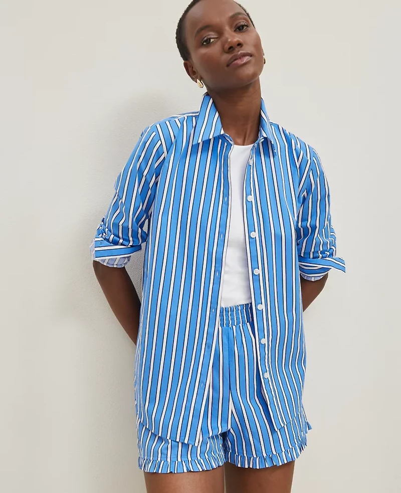 Ann Taylor Tall Striped Relaxed Perfect Shirt Maritime Blue Women's
