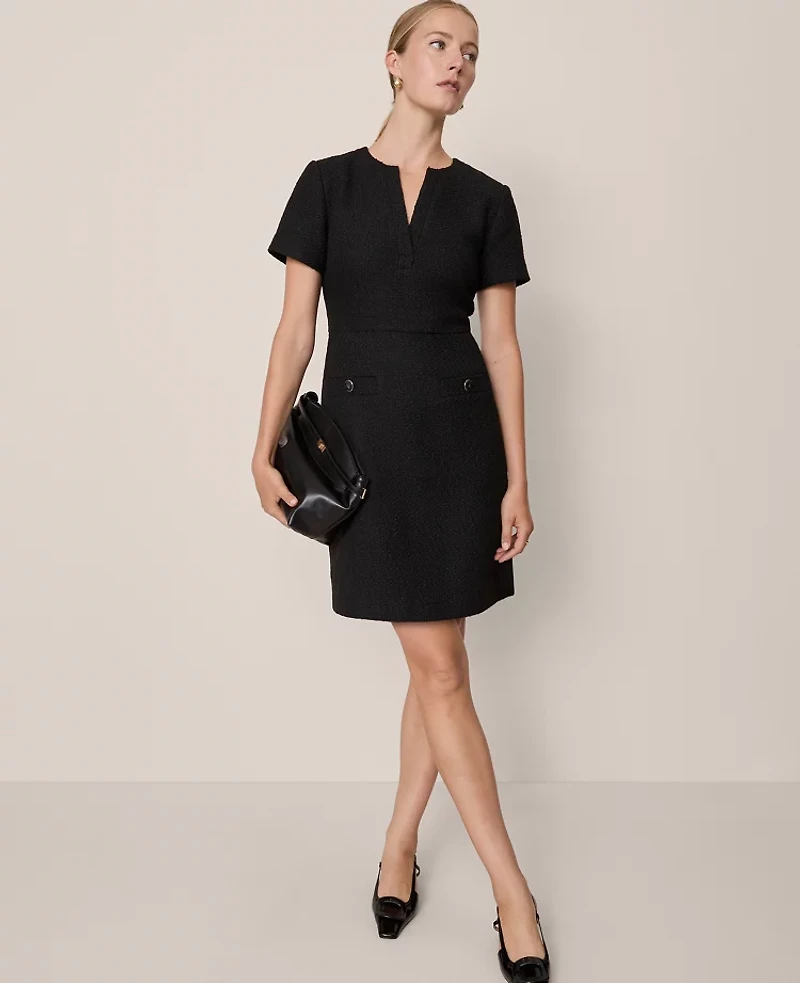 Ann Taylor Tweed Split Neck Sheath Dress Black Women's
