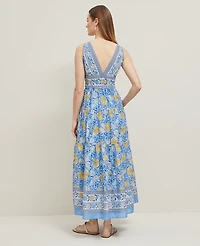 Ann Taylor Petite Floral V-Neck Flare Maxi Dress Size 0 Maritime Blue Women's