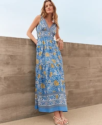 Ann Taylor Petite Floral V-Neck Flare Maxi Dress Size 0 Maritime Blue Women's