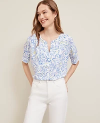 Ann Taylor Petite Paisley Floral Half Sleeve Popover Top White Women's