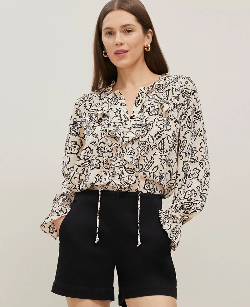 Ann Taylor Petite Floral Tie Neck Ruffle Popover Top Size XL Sands Edge Women's