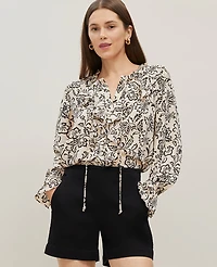 Ann Taylor Petite Floral Tie Neck Ruffle Popover Top Size XL Sands Edge Women's