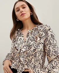 Ann Taylor Petite Floral Tie Neck Ruffle Popover Top Size XL Sands Edge Women's