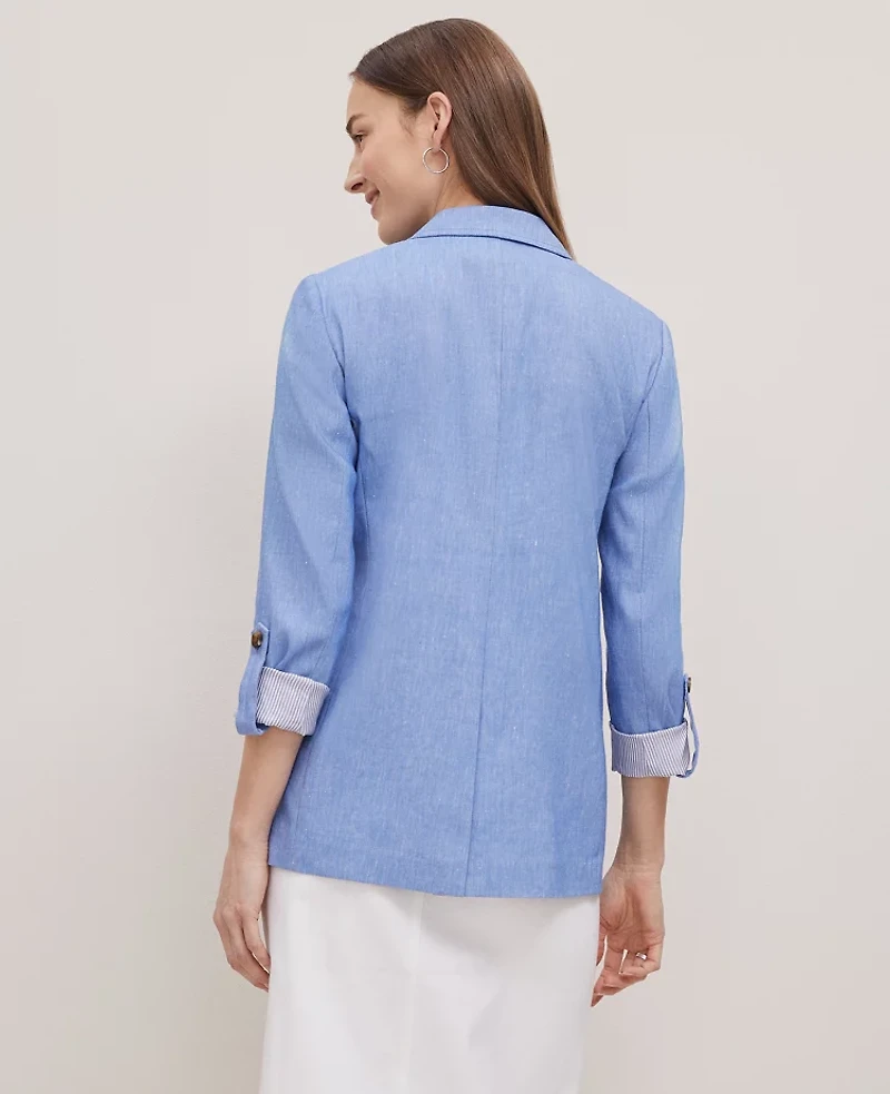Ann Taylor Petite Weekend Collection Roll Sleeve Linen Blend Blazer Blue Grotto Women's