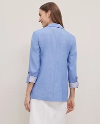 Ann Taylor Petite Weekend Collection Roll Sleeve Linen Blend Blazer Blue Grotto Women's