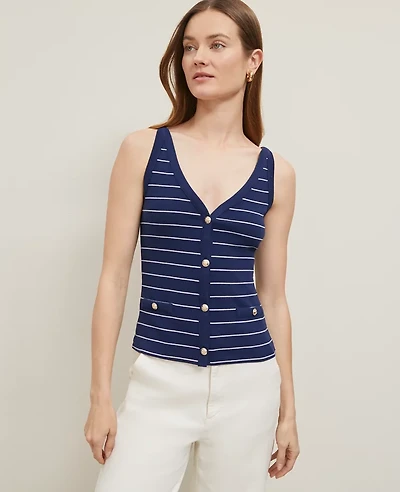 Ann Taylor Petite Striped Button Tank Top Royalty Blue Women's