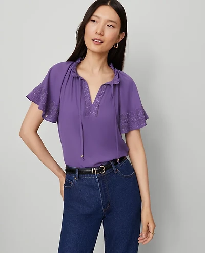 Ann Taylor Tie Neck Ruffle Popover Top Women's