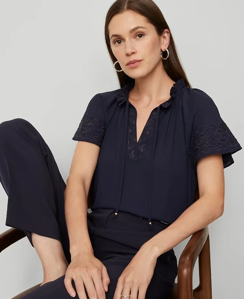Ann Taylor Tie Neck Ruffle Popover Top Night Sky Women's