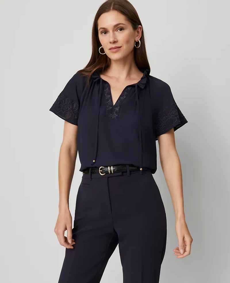 Ann Taylor Tie Neck Ruffle Popover Top Night Sky Women's