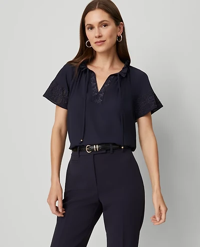 Ann Taylor Tie Neck Ruffle Popover Top Night Sky Women's
