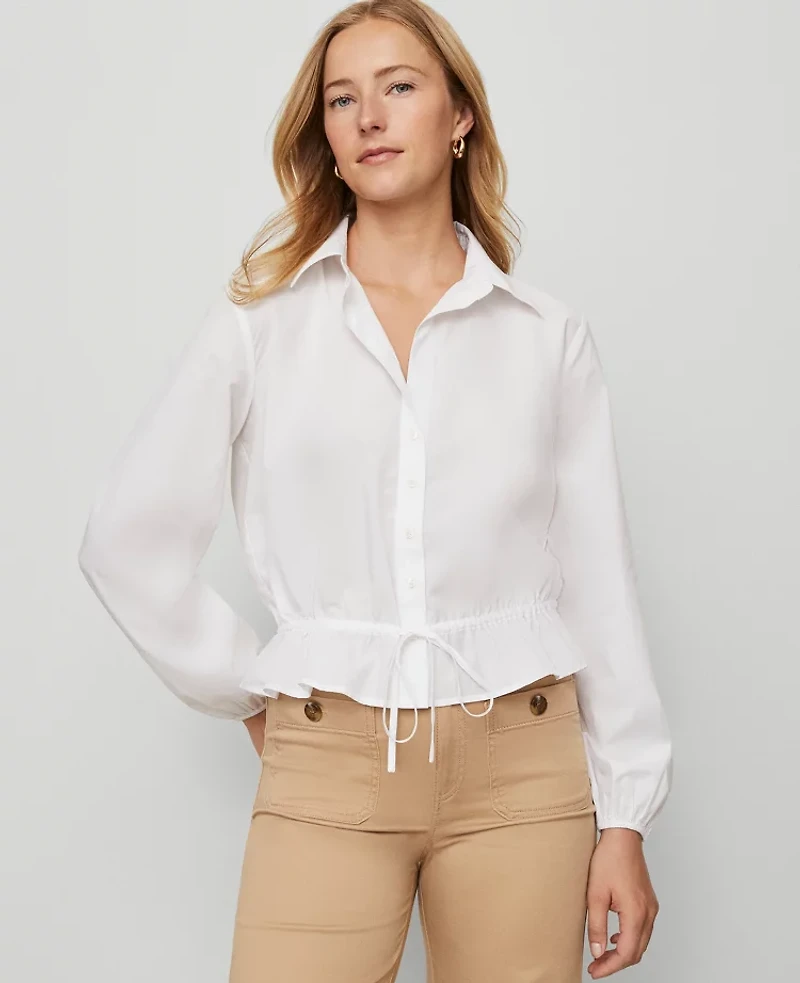 Ann Taylor Weekend Collection Tie Waist Popover Top White Women's