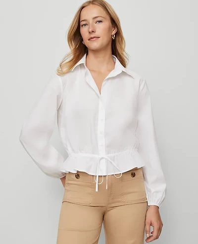 Ann Taylor Weekend Collection Tie Waist Popover Top White Women's
