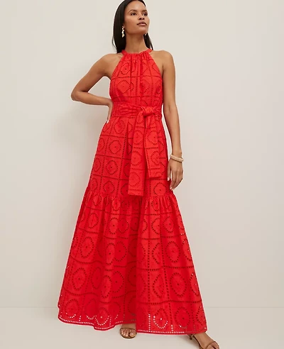 Ann Taylor Eyelet Halter Flare Maxi Dress Fiery Red Women's