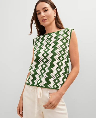 Ann Taylor Petite Geo Crochet Sweater Shell Top Green/White Combo Women's