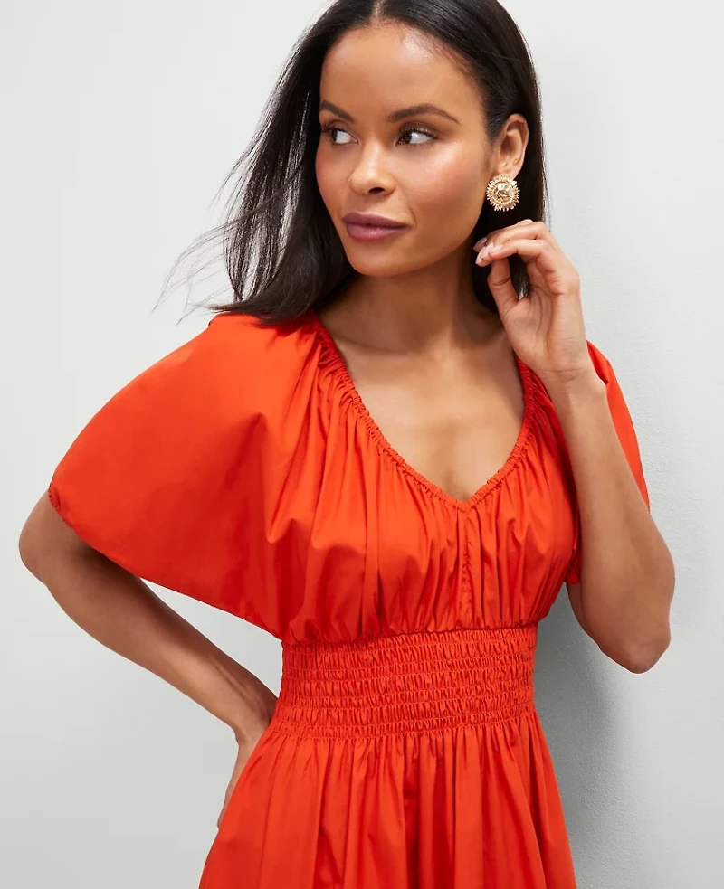 Ann Taylor Smocked Puff Sleeve Midi Dress Red Pepper Women's