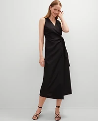 Ann Taylor Linen Blend V-Neck Wrap Dress Black Women's