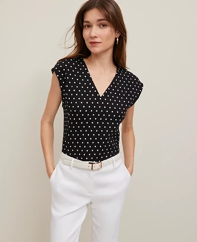 Ann Taylor Petite Dotted Ponte Cap Sleeve Top Size Medium Black Women's
