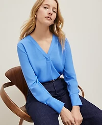 Ann Taylor Mixed Media V-Neck Top Maritime Blue Women's