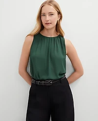 Ann Taylor Mixed Media Gathered Sleeveless Top Cypress Tree Women's