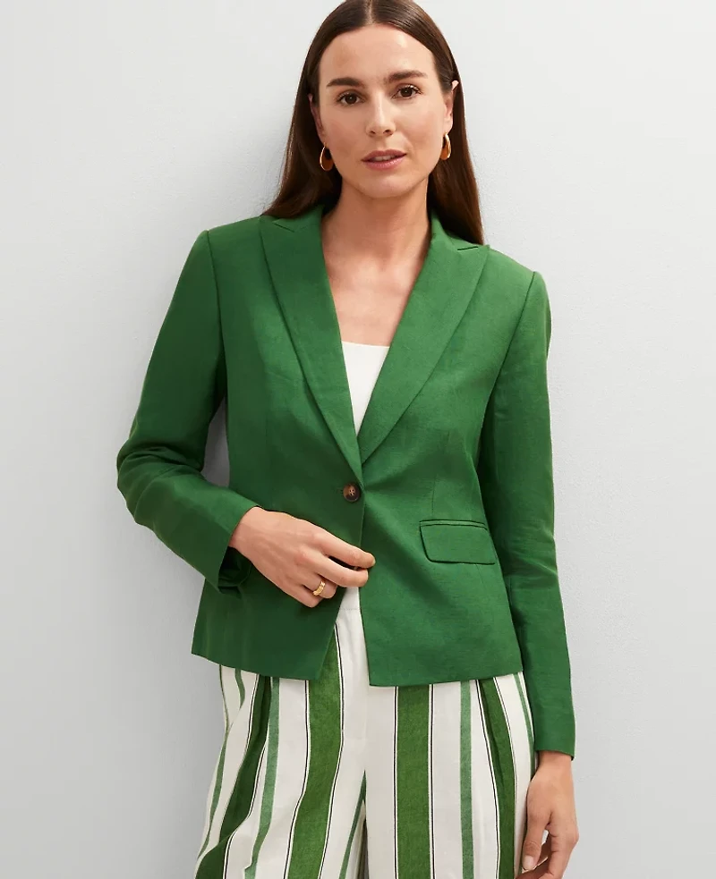 Ann Taylor The Petite Shorter One Button Blazer in Linen Blend Size 6 Leafy Green Women's