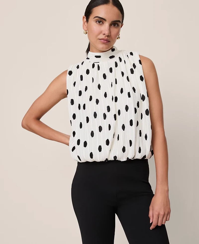 Ann Taylor Dotted Mock Neck Bubble Hem Top Winter White Women's