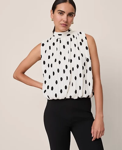 Ann Taylor Dotted Mock Neck Bubble Hem Top Winter White Women's