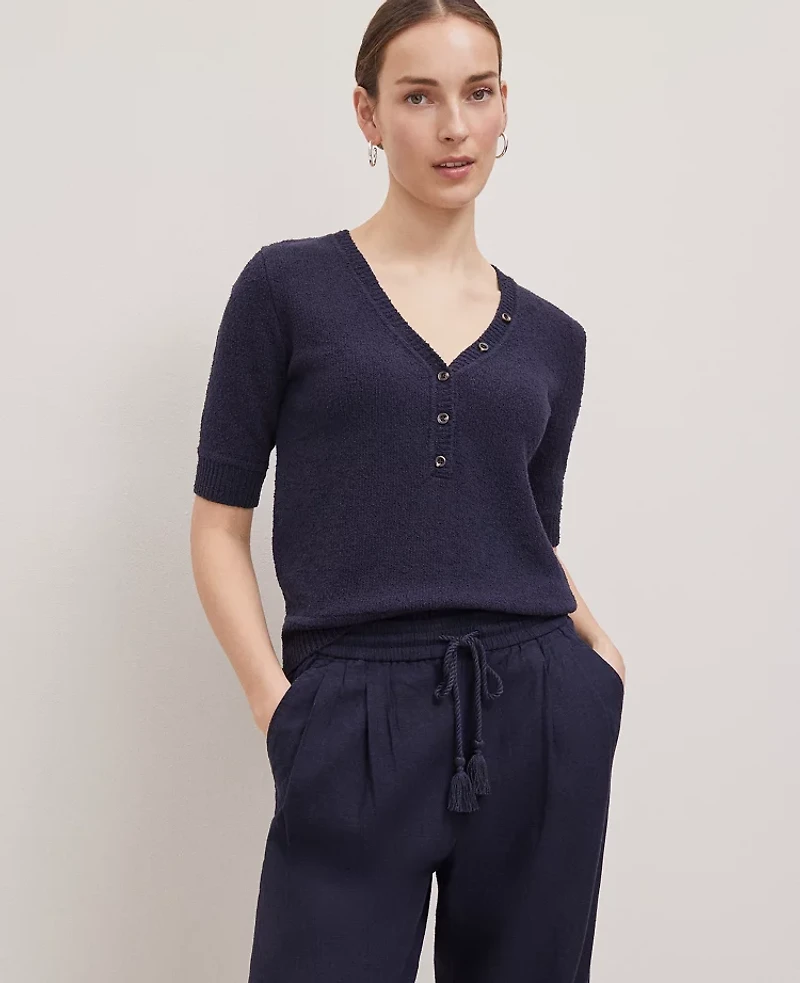 Ann Taylor Weekend Collection Bouclé Henley Sweater Night Sky Women's