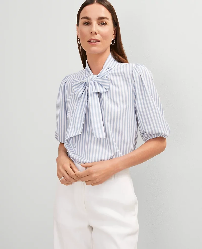 Ann Taylor Striped Bow Blouse Size XL Coastline Blue Women's
