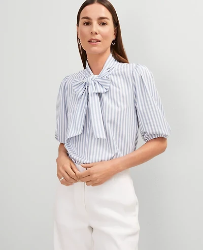 Ann Taylor Striped Bow Blouse Size Medium Coastline Blue Women's