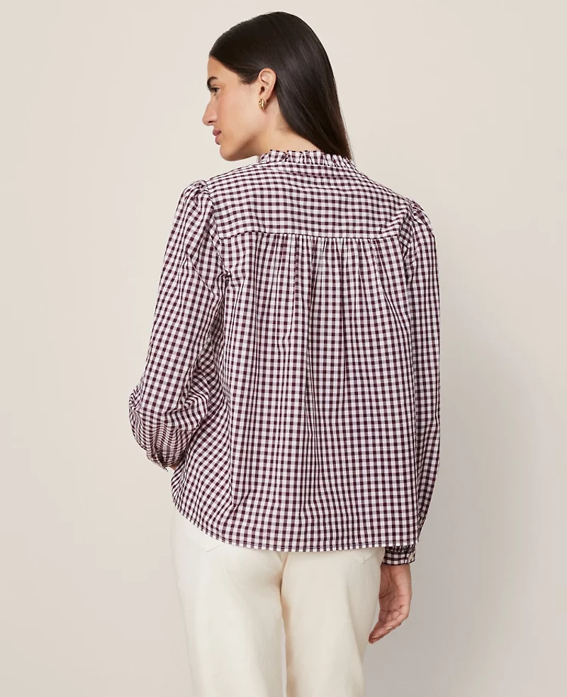 Ann Taylor Weekend Collection Gingham V-Neck Popover Top Poised Plum Women's