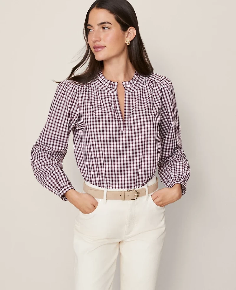 Ann Taylor Weekend Collection Gingham V-Neck Popover Top Poised Plum Women's