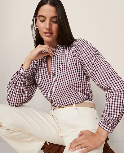Ann Taylor Weekend Collection Gingham V-Neck Popover Top Poised Plum Women's