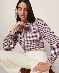 Ann Taylor Weekend Collection Gingham V-Neck Popover Top Poised Plum Women's