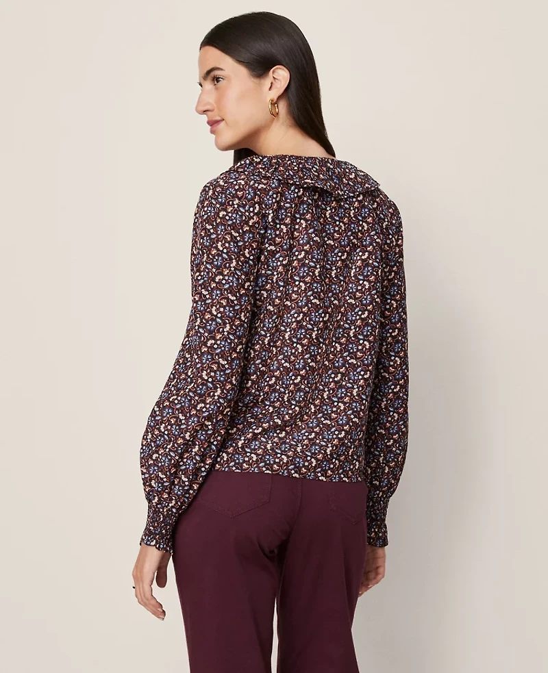 Ann Taylor Weekend Collection Floral Ruffle Popover Top Night Sky Women's