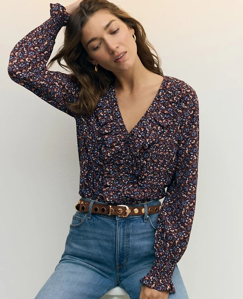 Ann Taylor Weekend Collection Floral Ruffle Popover Top Night Sky Women's