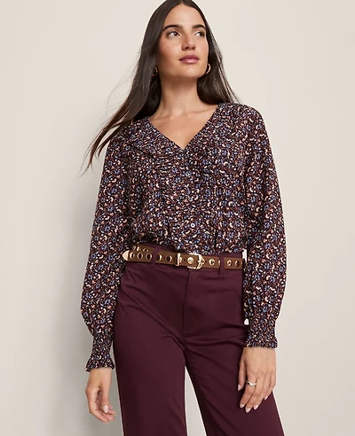 Ann Taylor Weekend Collection Floral Ruffle Popover Top Night Sky Women's