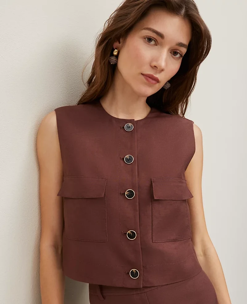 Ann Taylor Petite Linen Blend Patch Pocket Vest Size 16 Rich Walnut Women's