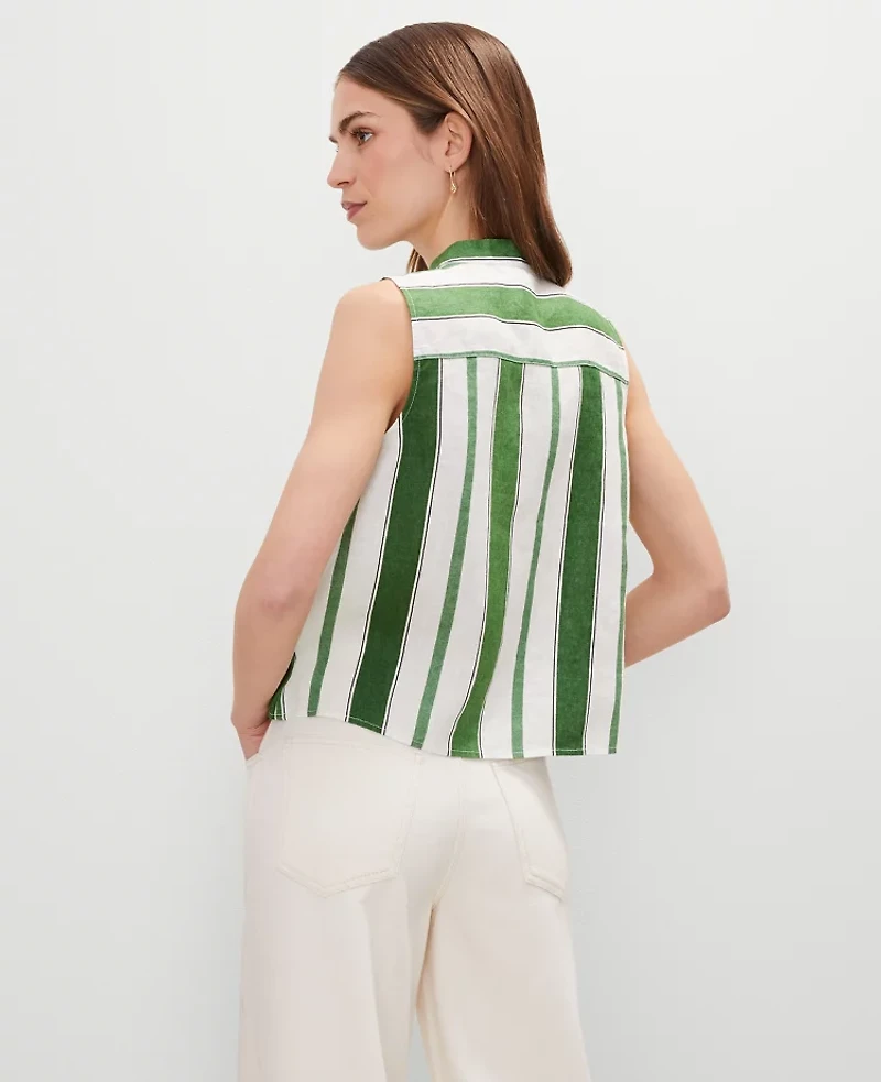 Ann Taylor Petite Striped Linen Tank Top Leafy Green Women's